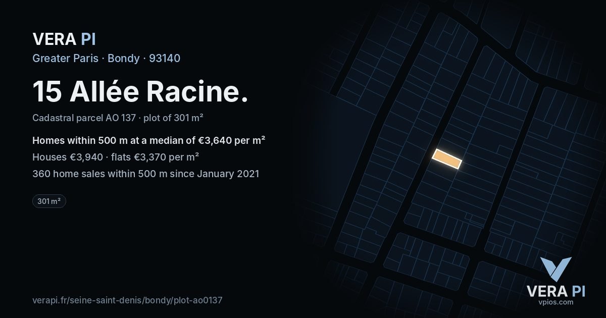 15 Allée Racine, Bondy at night – the plot lit, the parcels around coloured by the prices near them