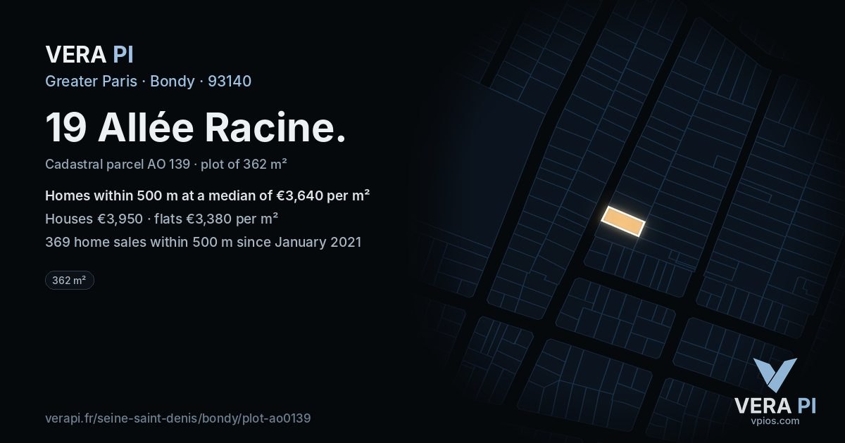 19 Allée Racine, Bondy at night – the plot lit, the parcels around coloured by the prices near them