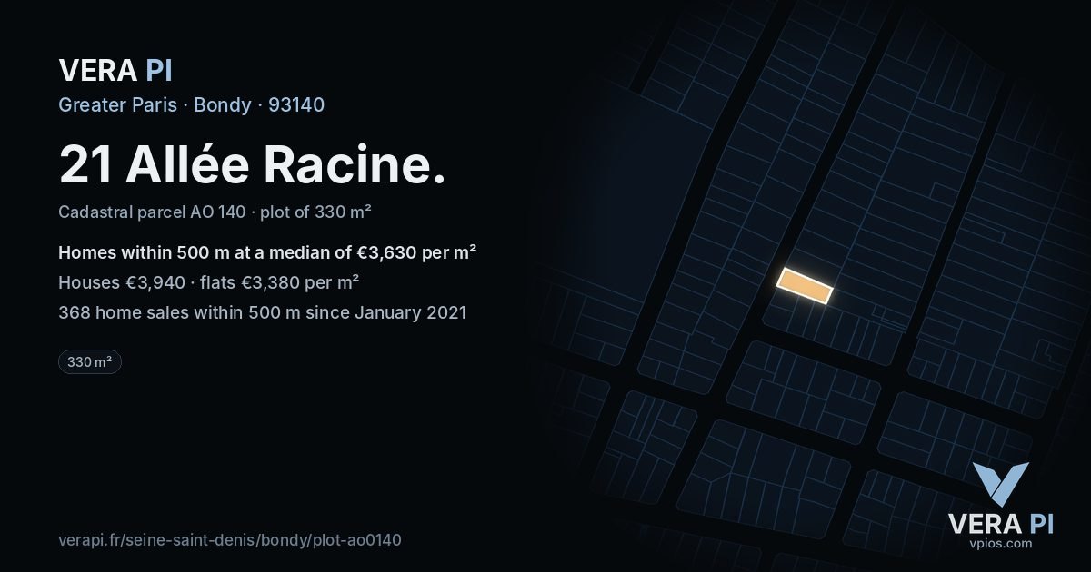 21 Allée Racine, Bondy at night – the plot lit, the parcels around coloured by the prices near them