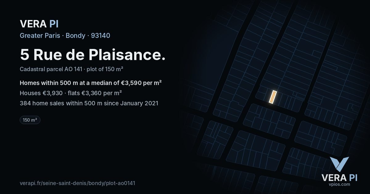 5 Rue de Plaisance, Bondy at night – the plot lit, the parcels around coloured by the prices near them