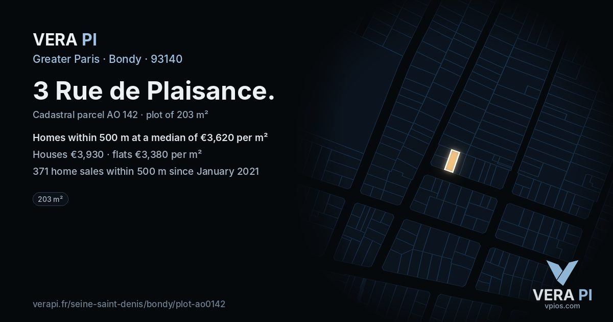 3 Rue de Plaisance, Bondy at night – the plot lit, the parcels around coloured by the prices near them