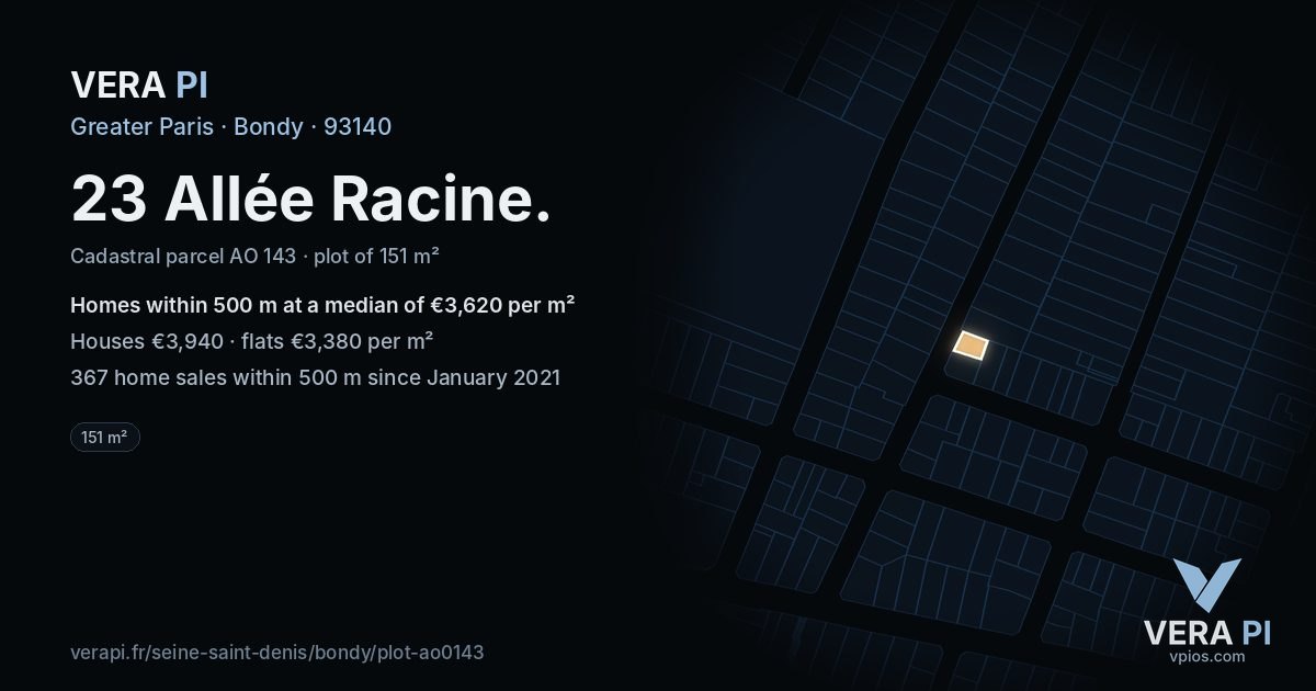 23 Allée Racine, Bondy at night – the plot lit, the parcels around coloured by the prices near them