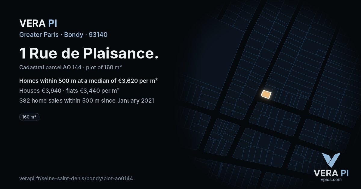 1 Rue de Plaisance, Bondy at night – the plot lit, the parcels around coloured by the prices near them