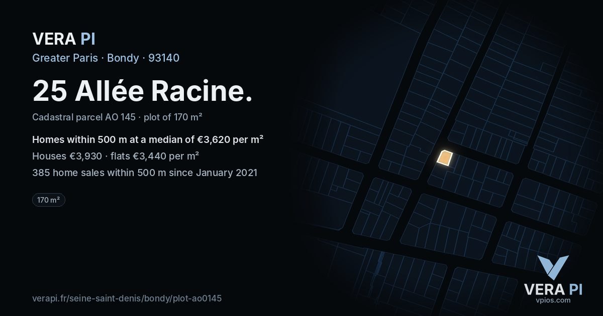 25 Allée Racine, Bondy at night – the plot lit, the parcels around coloured by the prices near them