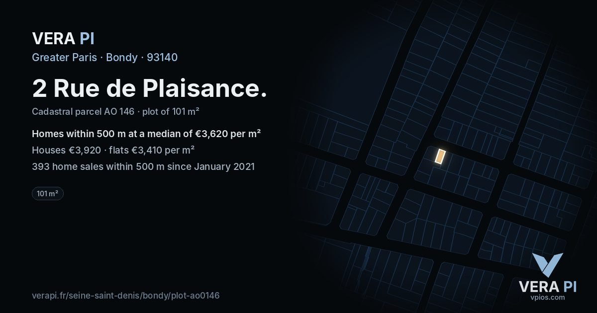 2 Rue de Plaisance, Bondy at night – the plot lit, the parcels around coloured by the prices near them
