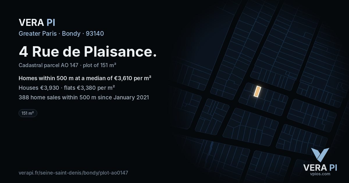 4 Rue de Plaisance, Bondy at night – the plot lit, the parcels around coloured by the prices near them