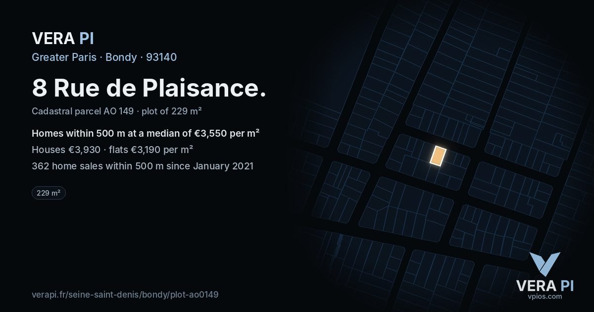 8 Rue de Plaisance, Bondy at night – the plot lit, the parcels around coloured by the prices near them