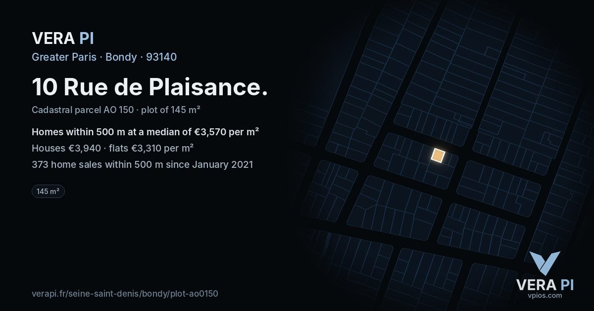 10 Rue de Plaisance, Bondy at night – the plot lit, the parcels around coloured by the prices near them