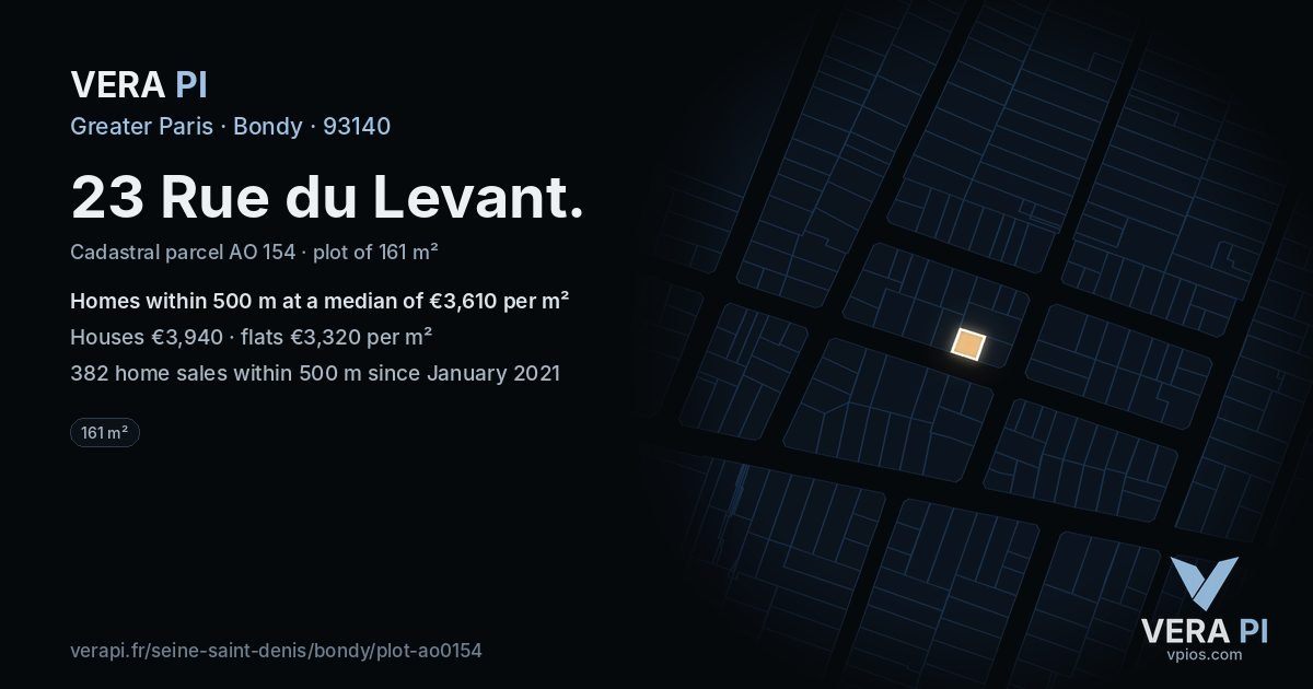 23 Rue du Levant, Bondy at night – the plot lit, the parcels around coloured by the prices near them