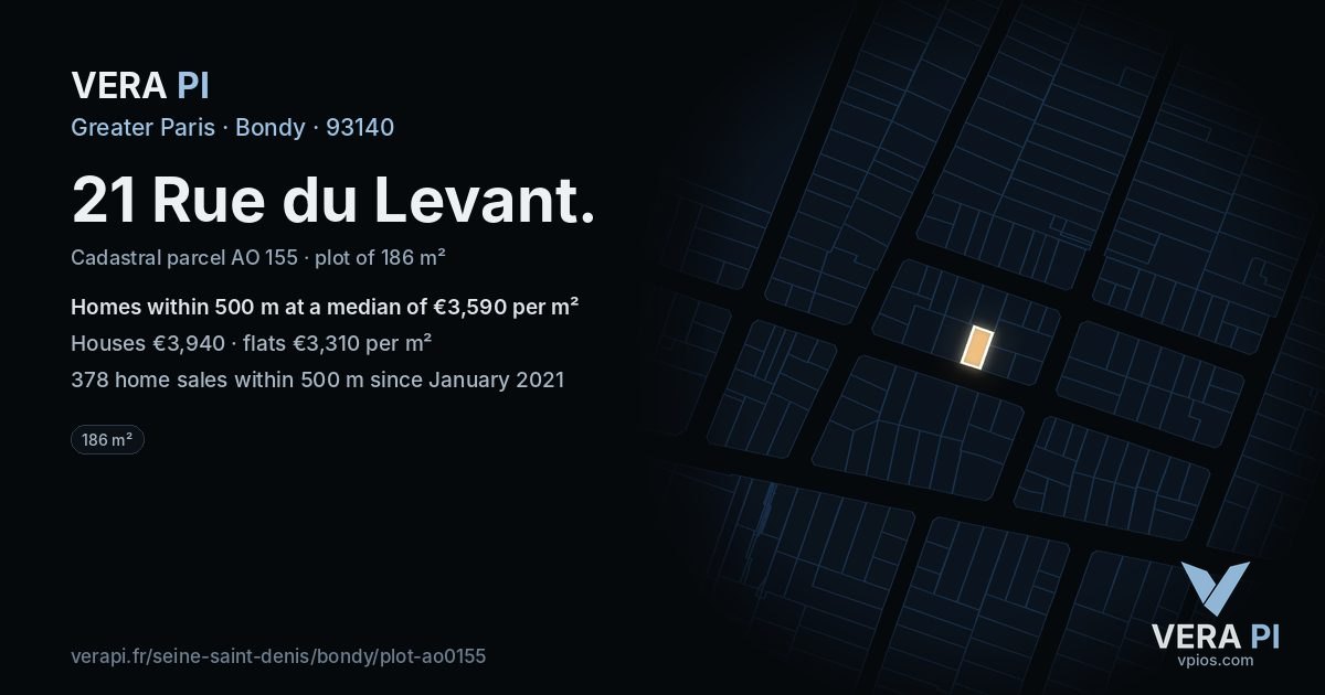 21 Rue du Levant, Bondy at night – the plot lit, the parcels around coloured by the prices near them