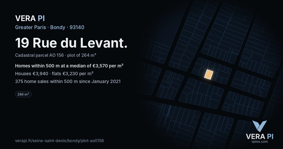 19 Rue du Levant, Bondy at night – the plot lit, the parcels around coloured by the prices near them