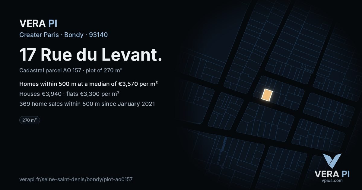 17 Rue du Levant, Bondy at night – the plot lit, the parcels around coloured by the prices near them
