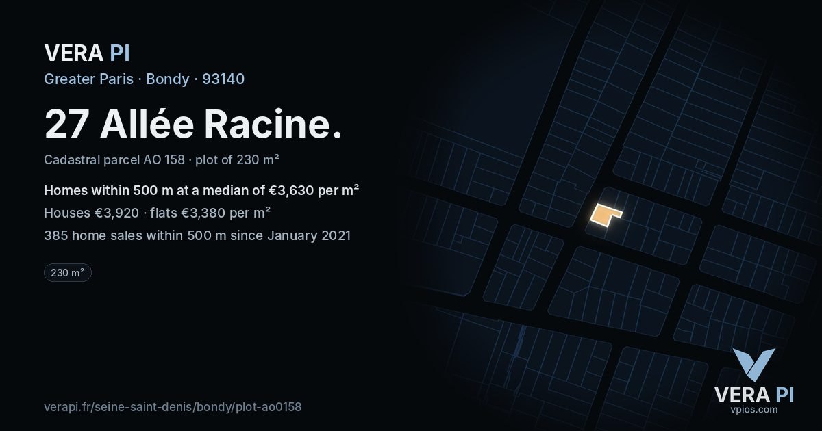 27 Allée Racine, Bondy at night – the plot lit, the parcels around coloured by the prices near them