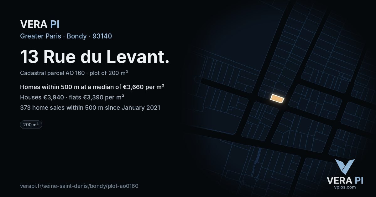 13 Rue du Levant, Bondy at night – the plot lit, the parcels around coloured by the prices near them