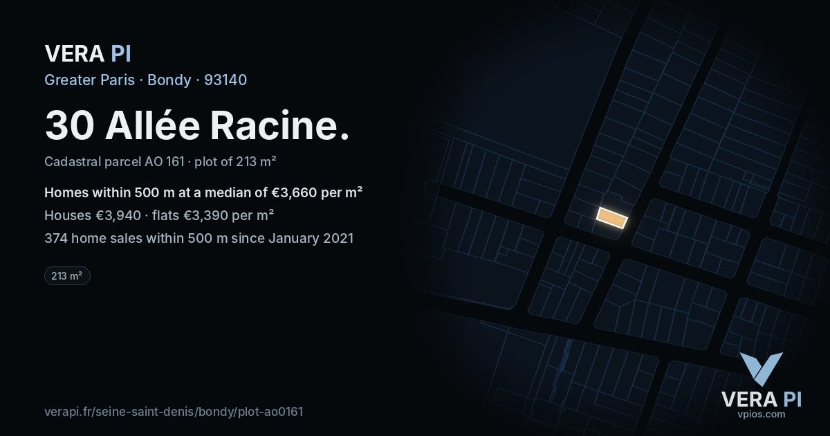 30 Allée Racine, Bondy at night – the plot lit, the parcels around coloured by the prices near them