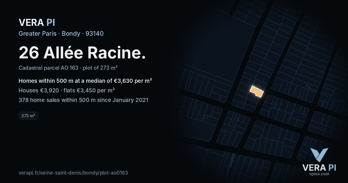 26 Allée Racine, Bondy at night – the plot lit, the parcels around coloured by the prices near them
