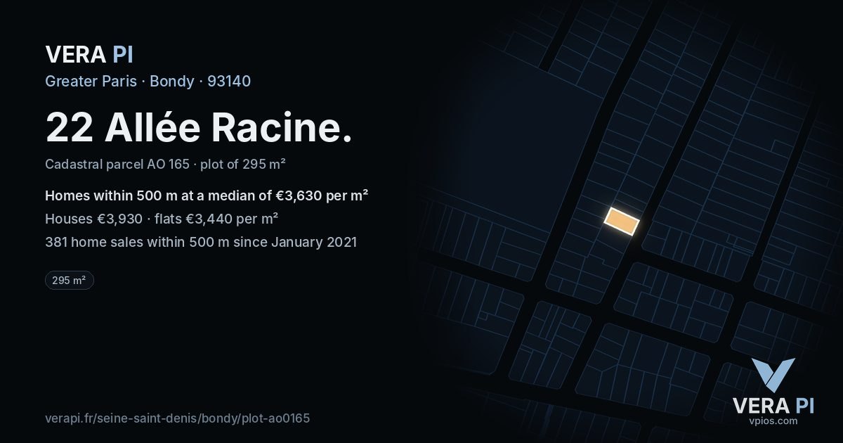 22 Allée Racine, Bondy at night – the plot lit, the parcels around coloured by the prices near them