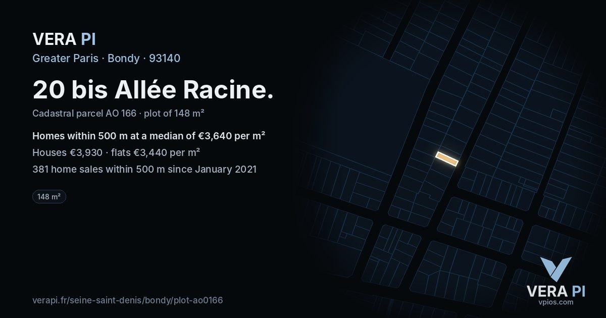 20 bis Allée Racine, Bondy at night – the plot lit, the parcels around coloured by the prices near them