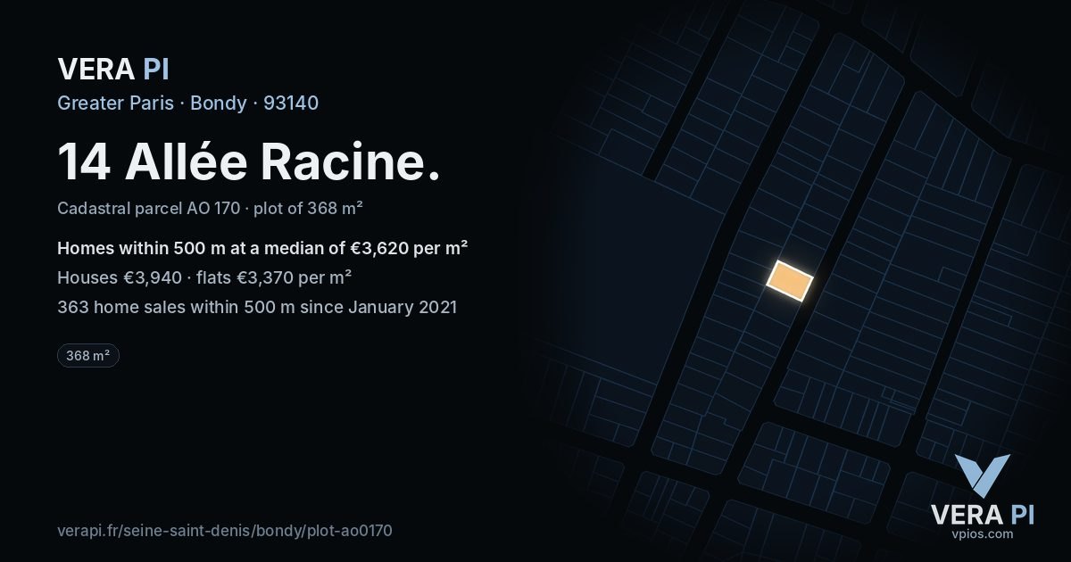 14 Allée Racine, Bondy at night – the plot lit, the parcels around coloured by the prices near them