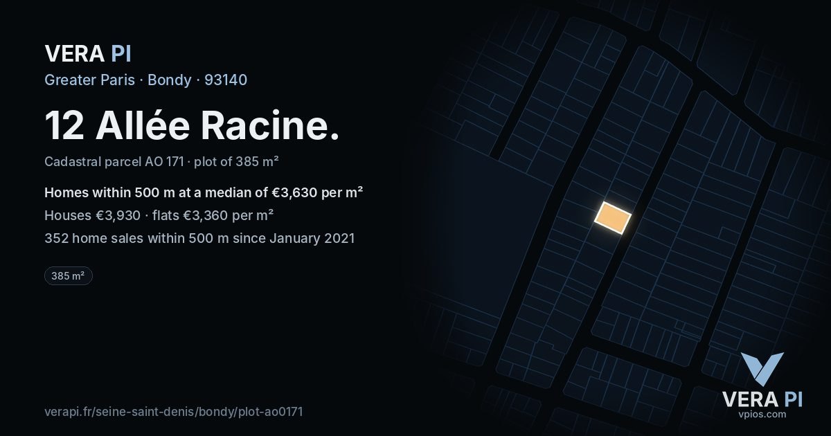 12 Allée Racine, Bondy at night – the plot lit, the parcels around coloured by the prices near them