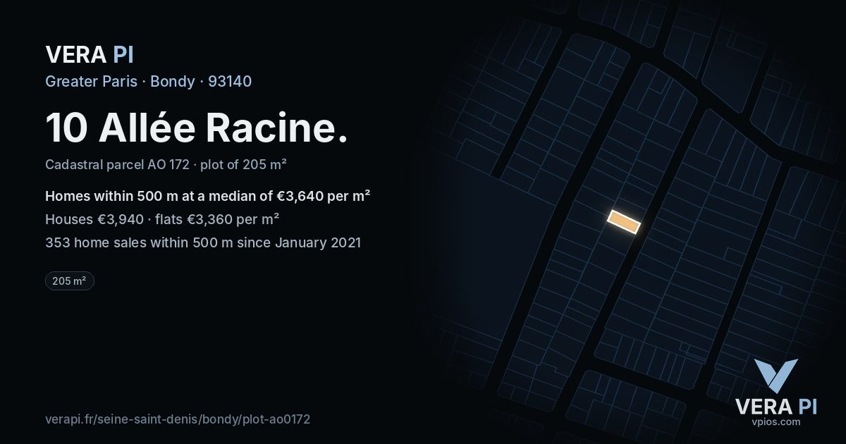 10 Allée Racine, Bondy at night – the plot lit, the parcels around coloured by the prices near them