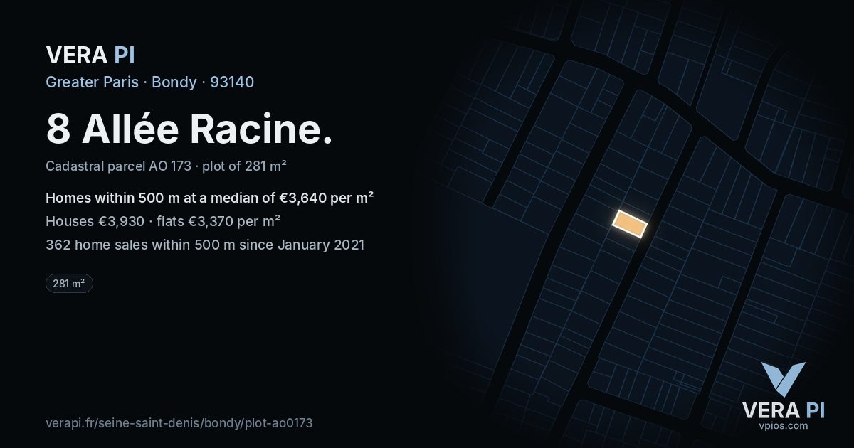 8 Allée Racine, Bondy at night – the plot lit, the parcels around coloured by the prices near them