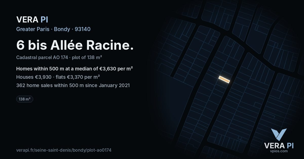 6 bis Allée Racine, Bondy at night – the plot lit, the parcels around coloured by the prices near them