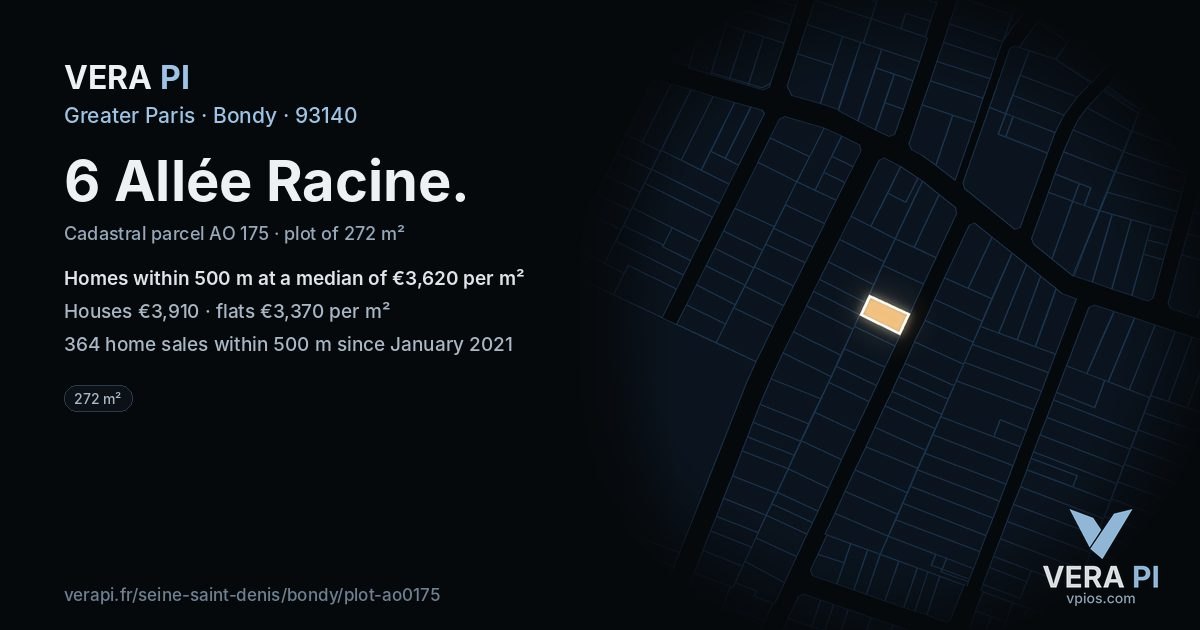6 Allée Racine, Bondy at night – the plot lit, the parcels around coloured by the prices near them