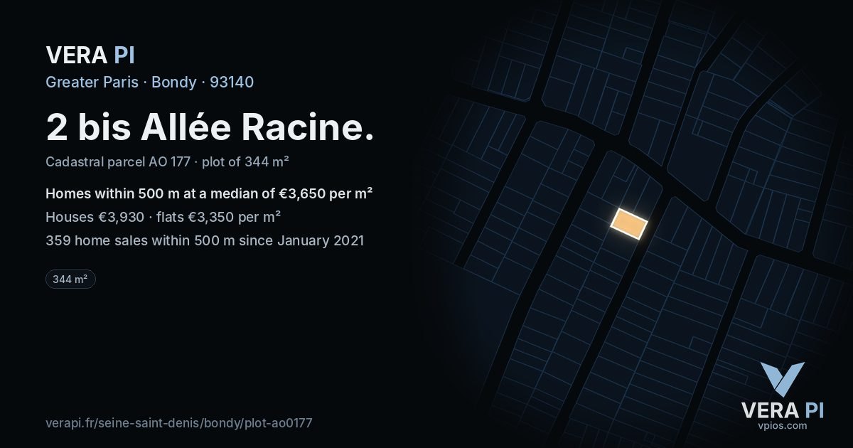 2 bis Allée Racine, Bondy at night – the plot lit, the parcels around coloured by the prices near them