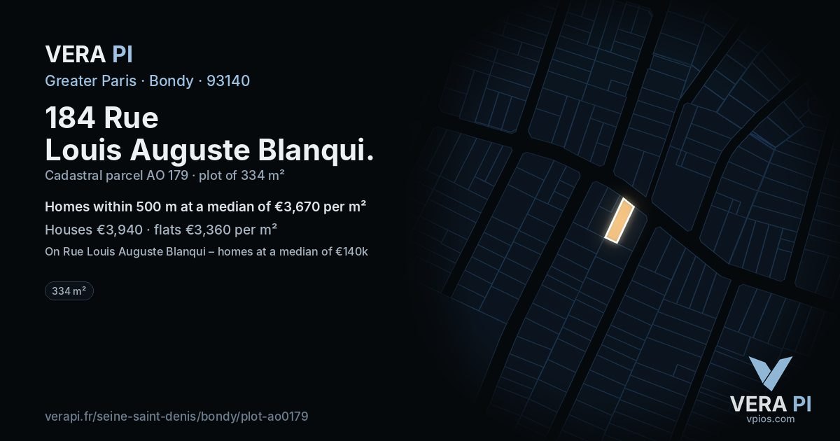 184 Rue Louis Auguste Blanqui, Bondy at night – the plot lit, the parcels around coloured by the prices near them