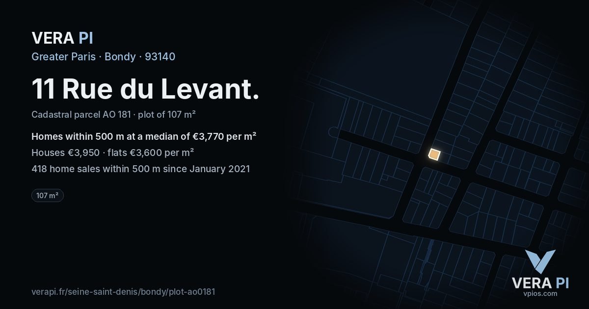 11 Rue du Levant, Bondy at night – the plot lit, the parcels around coloured by the prices near them