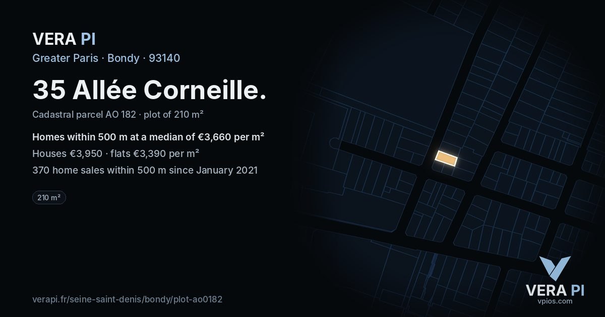 35 Allée Corneille, Bondy at night – the plot lit, the parcels around coloured by the prices near them