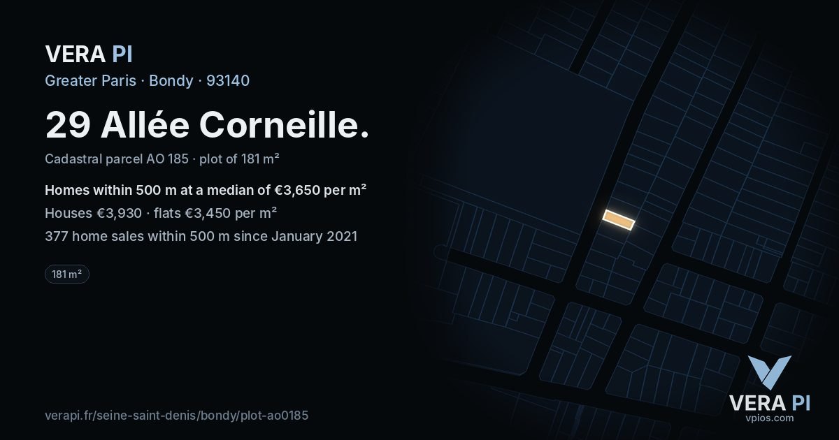 29 Allée Corneille, Bondy at night – the plot lit, the parcels around coloured by the prices near them