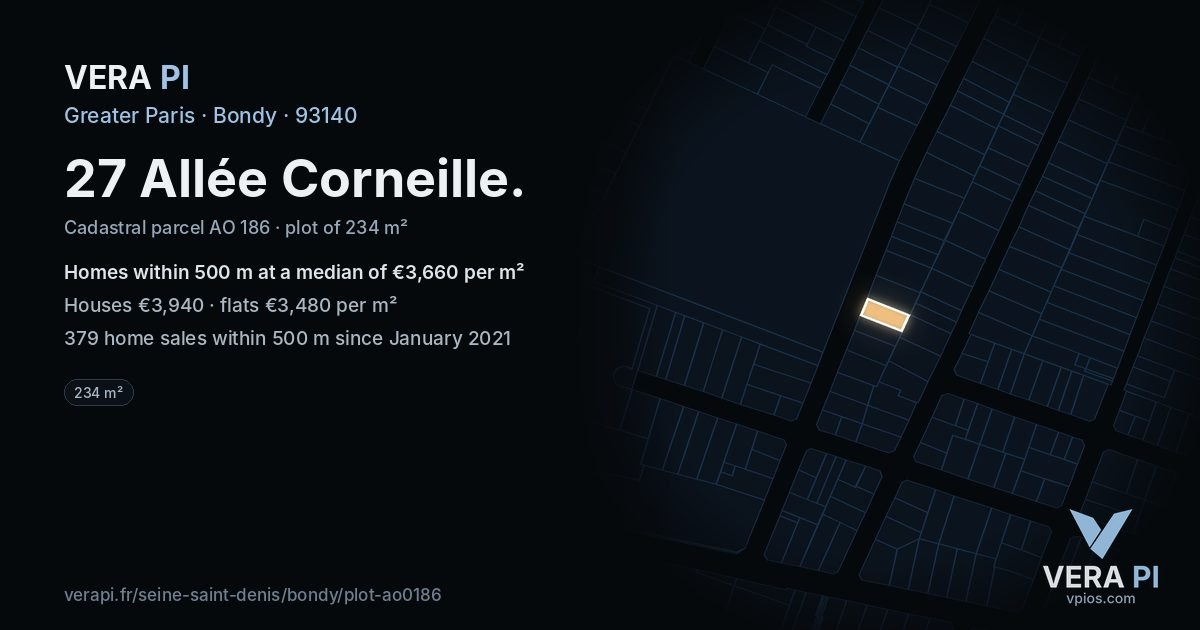 27 Allée Corneille, Bondy at night – the plot lit, the parcels around coloured by the prices near them
