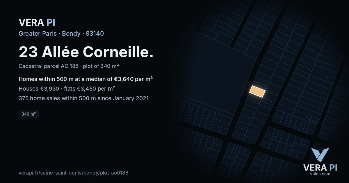 23 Allée Corneille, Bondy at night – the plot lit, the parcels around coloured by the prices near them