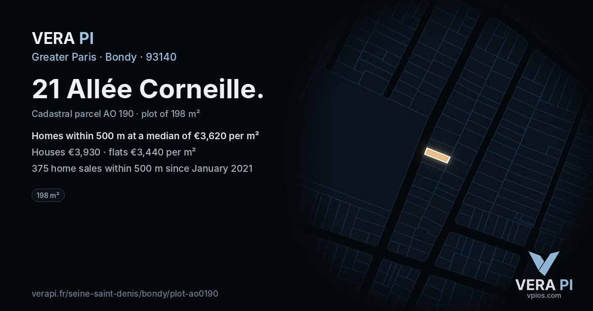 21 Allée Corneille, Bondy at night – the plot lit, the parcels around coloured by the prices near them