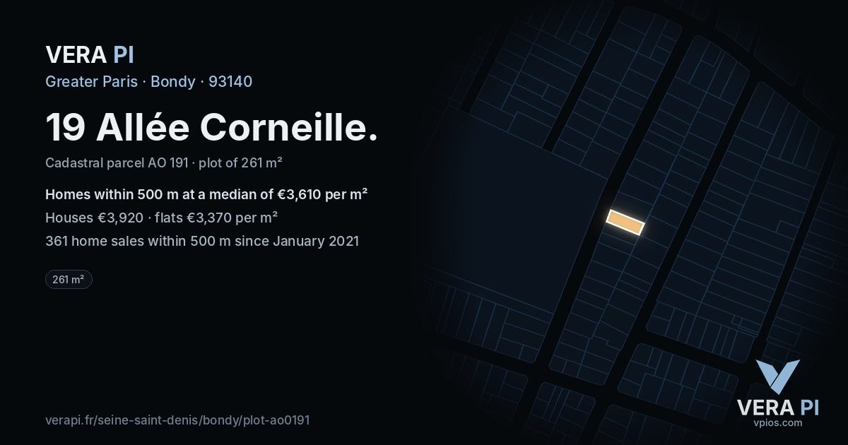 19 Allée Corneille, Bondy at night – the plot lit, the parcels around coloured by the prices near them
