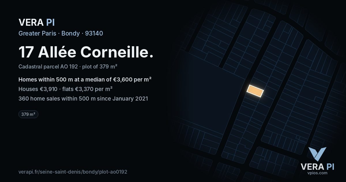 17 Allée Corneille, Bondy at night – the plot lit, the parcels around coloured by the prices near them