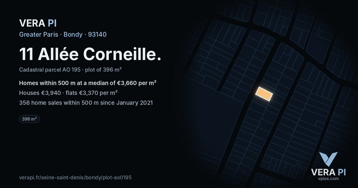 11 Allée Corneille, Bondy at night – the plot lit, the parcels around coloured by the prices near them