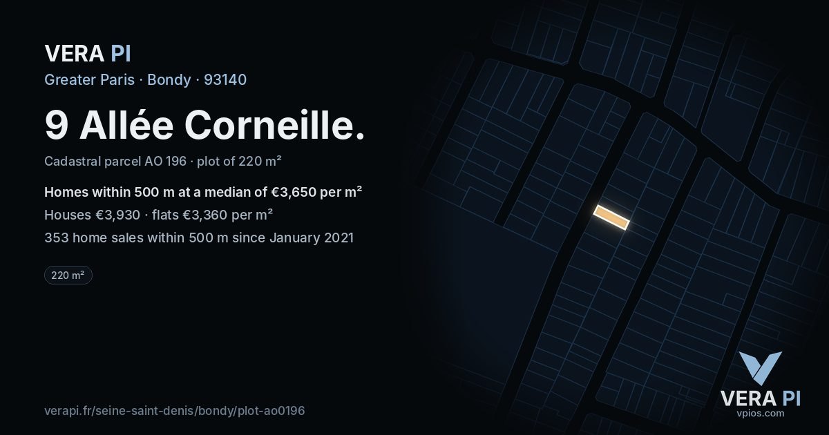 9 Allée Corneille, Bondy at night – the plot lit, the parcels around coloured by the prices near them