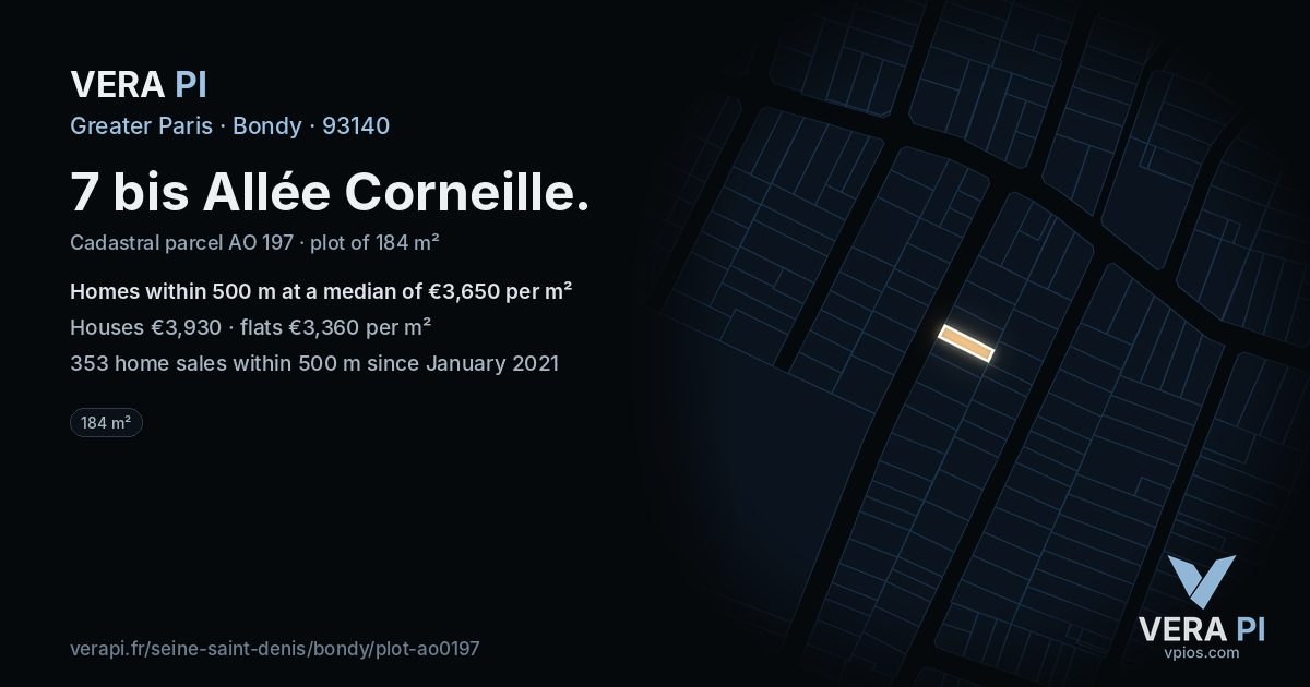 7 bis Allée Corneille, Bondy at night – the plot lit, the parcels around coloured by the prices near them