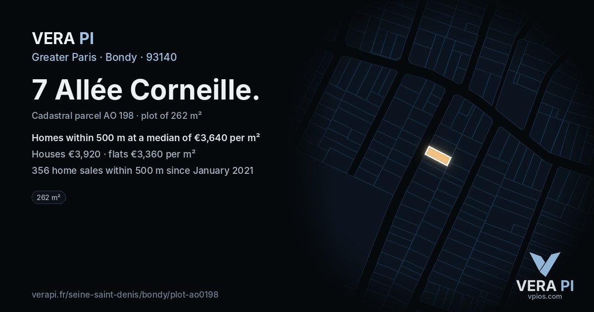 7 Allée Corneille, Bondy at night – the plot lit, the parcels around coloured by the prices near them