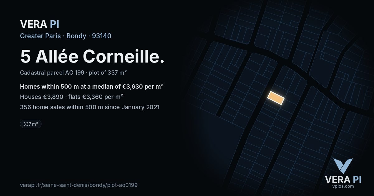 5 Allée Corneille, Bondy at night – the plot lit, the parcels around coloured by the prices near them
