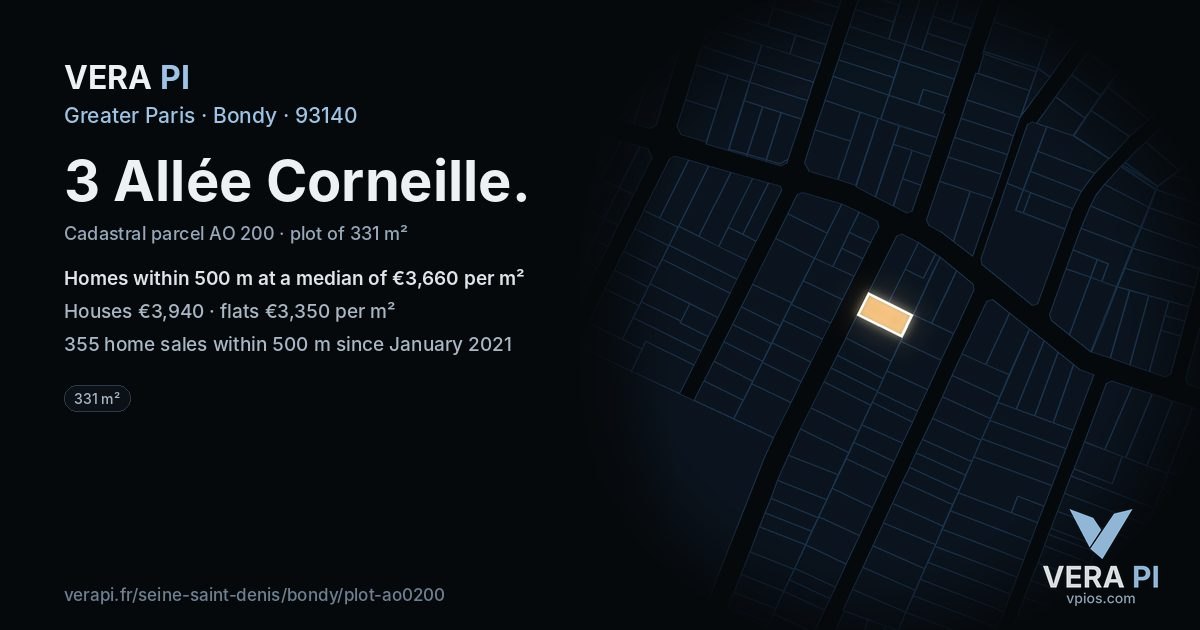 3 Allée Corneille, Bondy at night – the plot lit, the parcels around coloured by the prices near them