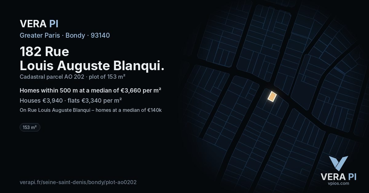 182 Rue Louis Auguste Blanqui, Bondy at night – the plot lit, the parcels around coloured by the prices near them