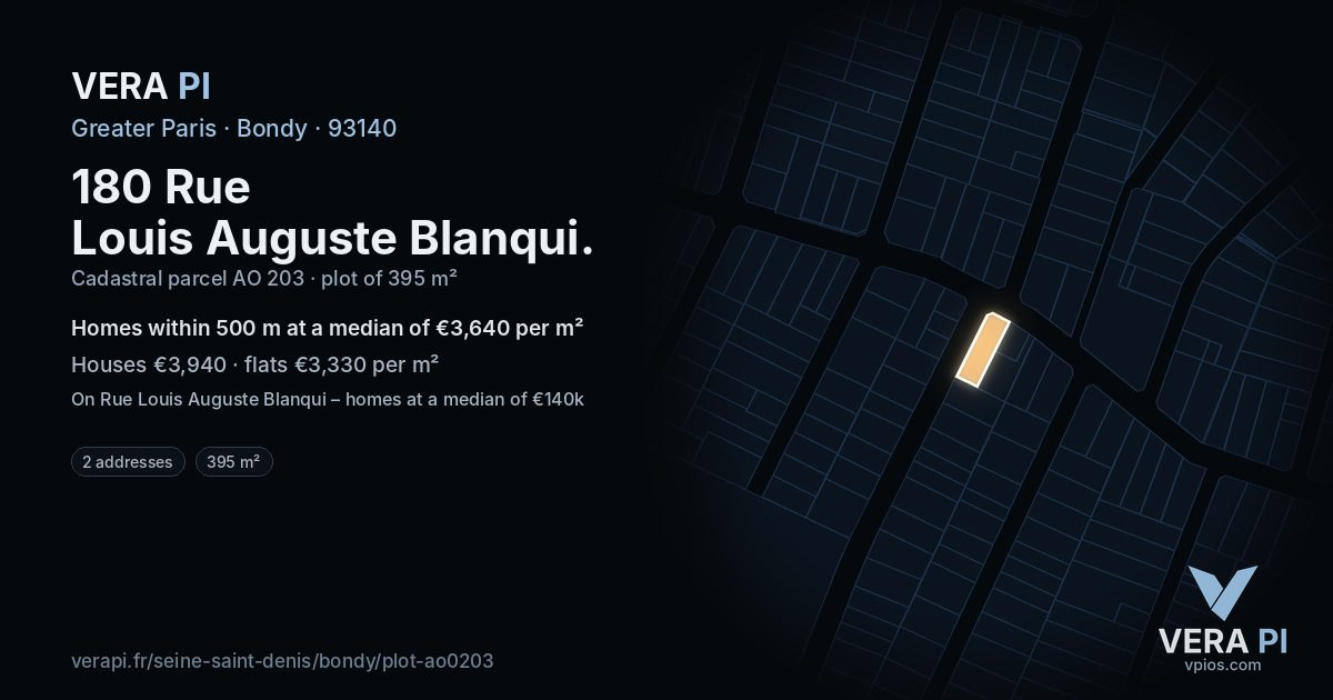180 Rue Louis Auguste Blanqui, Bondy at night – the plot lit, the parcels around coloured by the prices near them