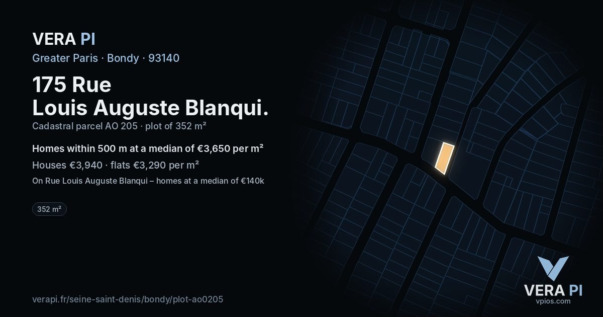 175 Rue Louis Auguste Blanqui, Bondy at night – the plot lit, the parcels around coloured by the prices near them