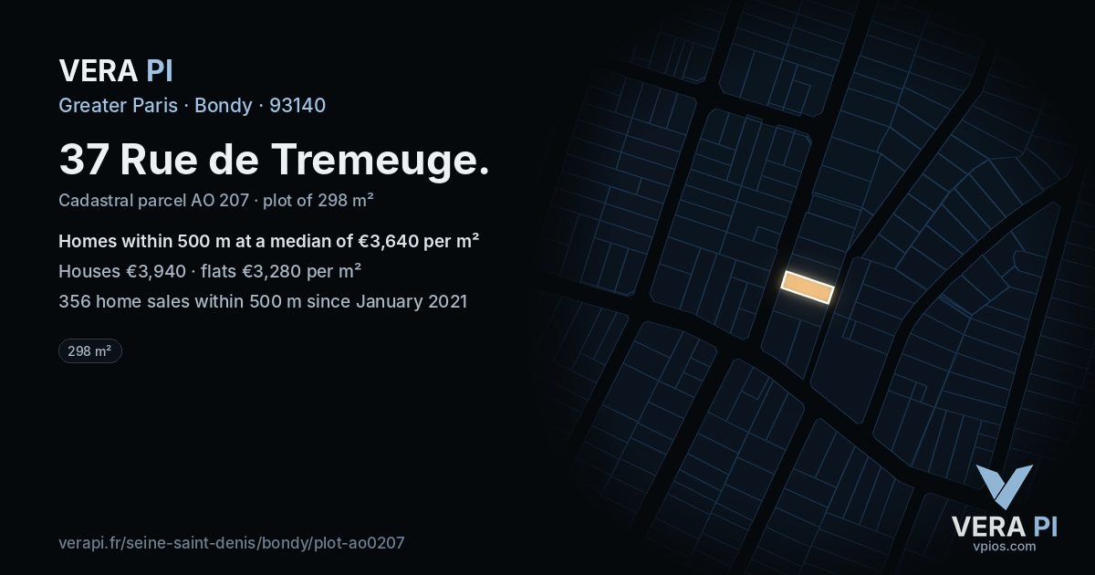 37 Rue de Tremeuge, Bondy at night – the plot lit, the parcels around coloured by the prices near them
