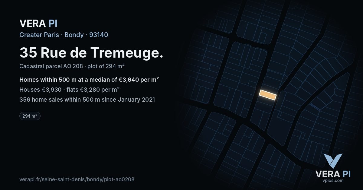 35 Rue de Tremeuge, Bondy at night – the plot lit, the parcels around coloured by the prices near them