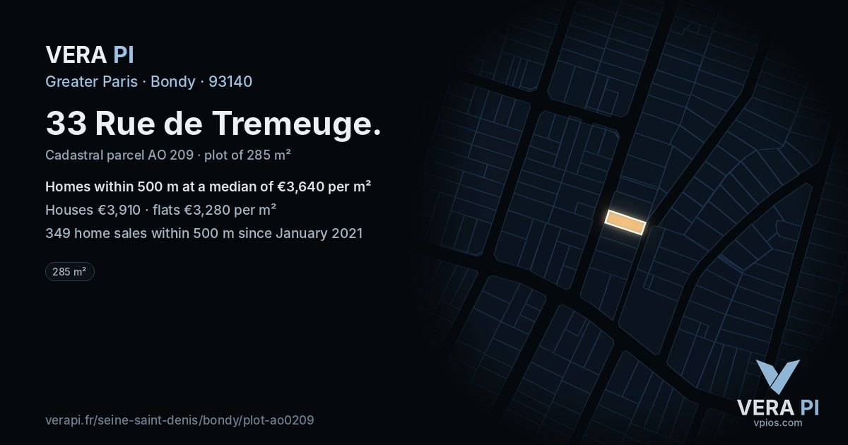 33 Rue de Tremeuge, Bondy at night – the plot lit, the parcels around coloured by the prices near them